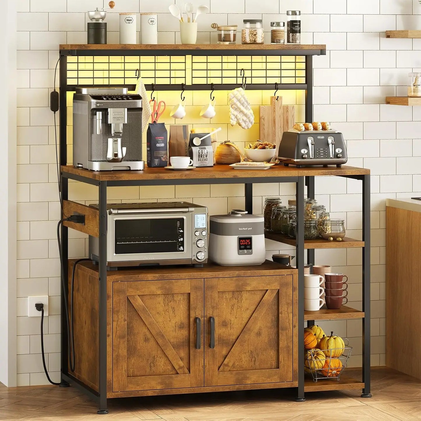 Bakers Rack With Power Outlet LED Light And Storage Cabinet