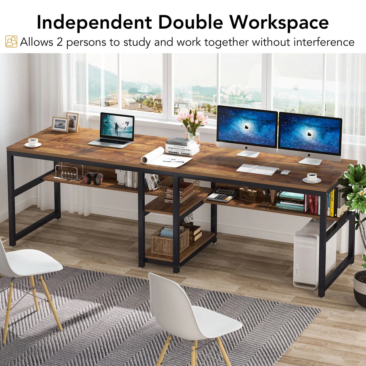 Tribesigns Two Person Desk With Bookshelf Rustic Computer Desk Workstation