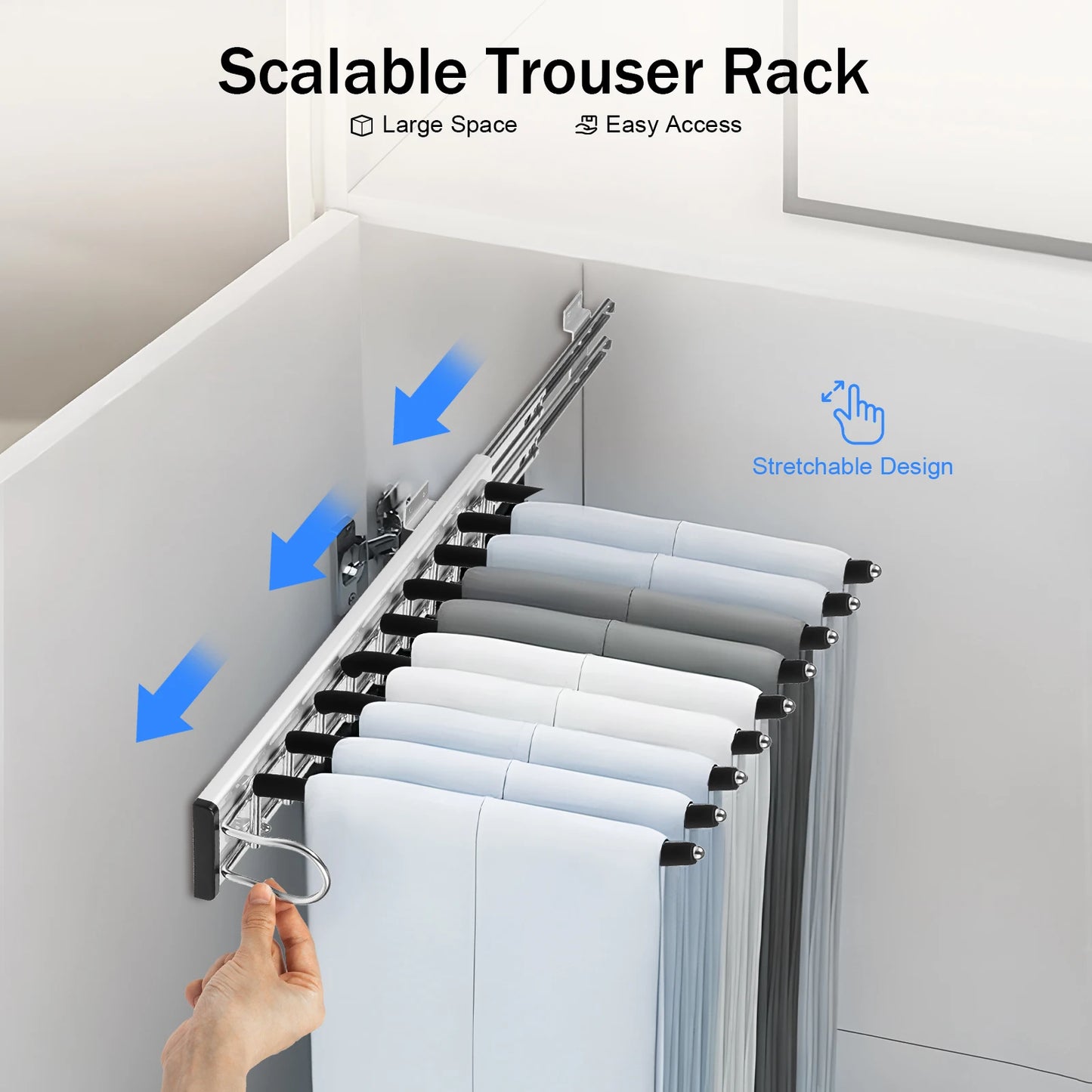 9 Arm Pull Out Pants Rack Wardrobe Organizer With Retractable Hangers