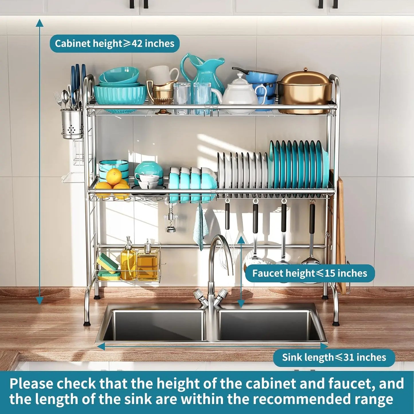 Stainless Steel Over Sink Dish Drying Rack With Utensil Holder Large Capacity