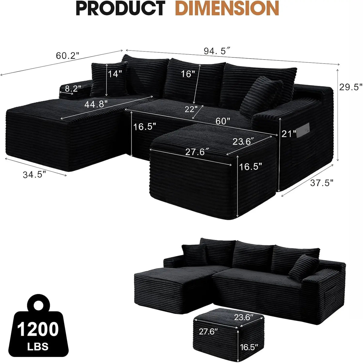 Modular U Shaped Sectional Sofa with Ottoman and Deep Seating
