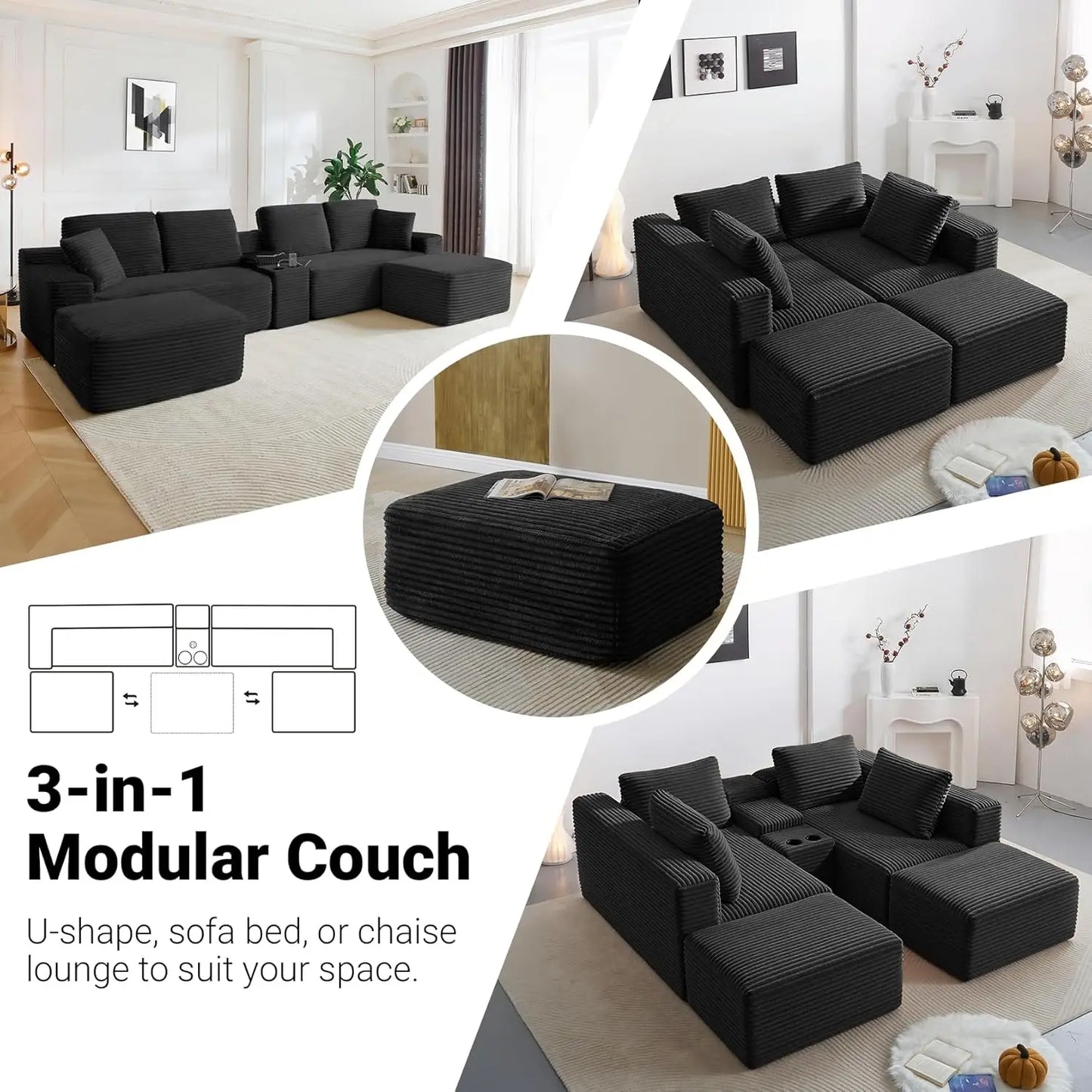 Modular L-Shaped Sectional Sofa With USB Ports Corduroy