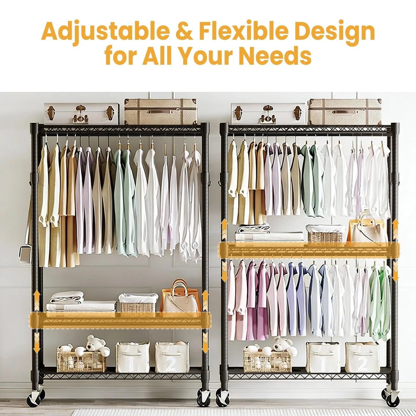 HiMISS 3 Tier Rolling Metal Garment Rack With Dual Rods