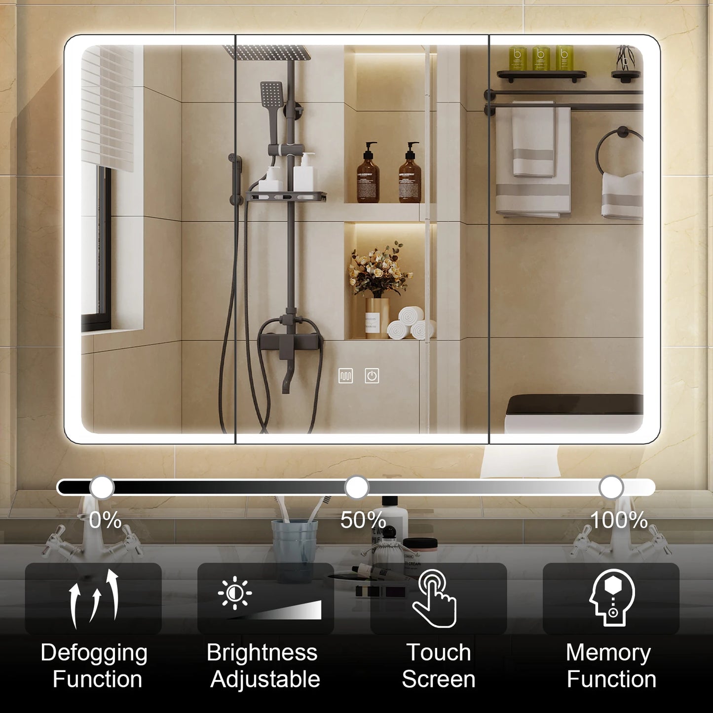 Onesaimei LED Mirror Cabinet With Fogless Lighting Two Door Bathroom