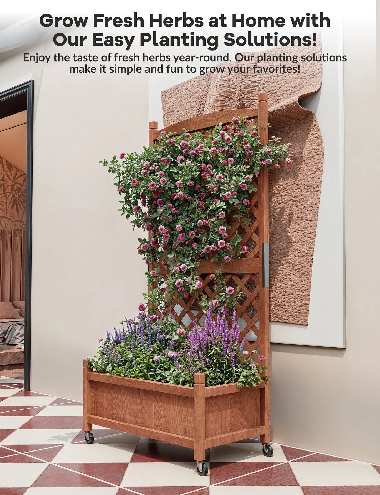TWISTER.CK Wood Raised Planter Box With Trellis And Wheels