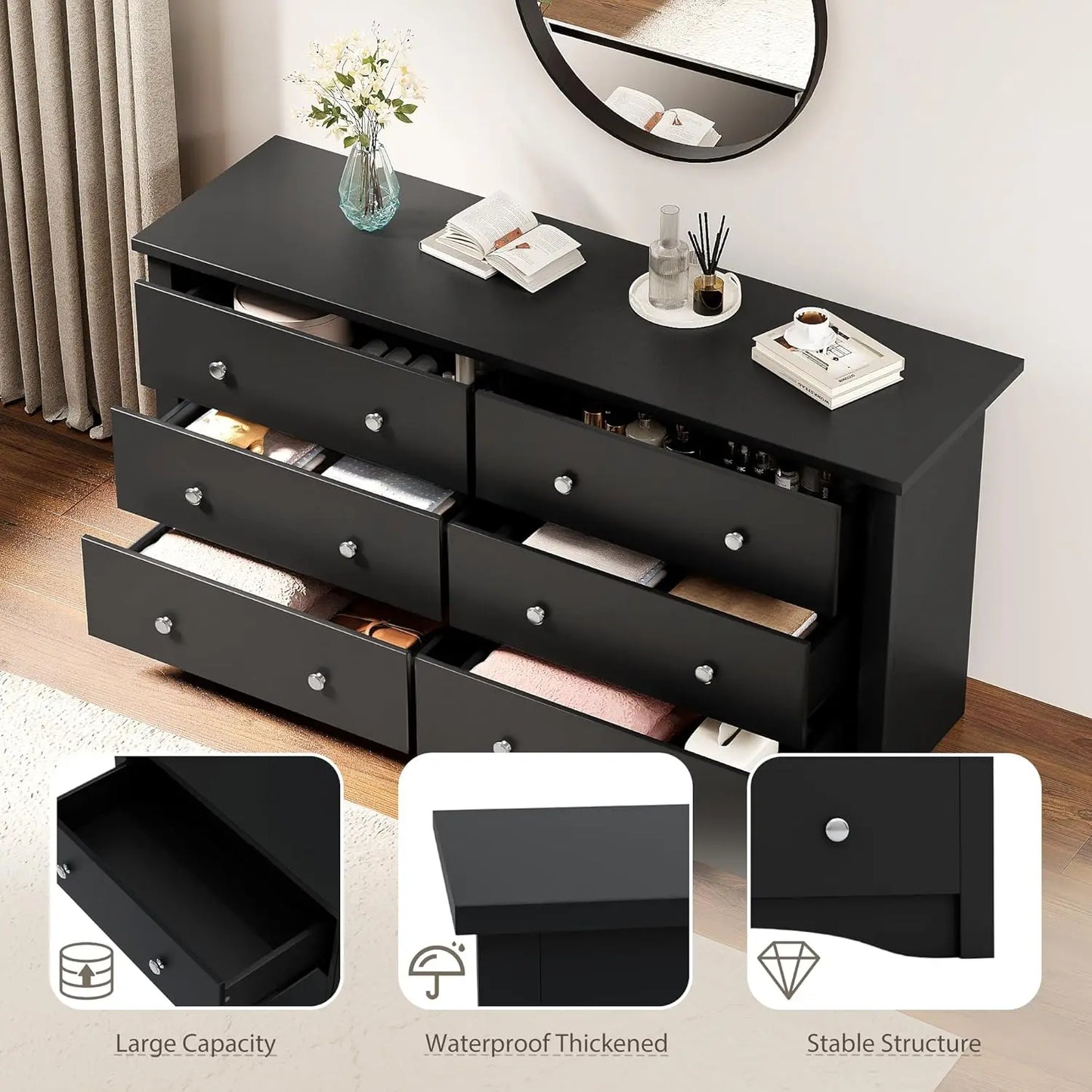 Six-Drawer Wood Dresser For Bedroom