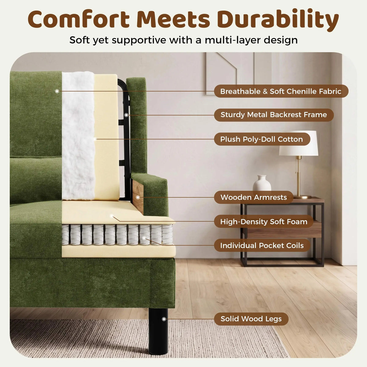 HiMISS Modern Chenille Wingback Accent Chair With Lumbar Pillow