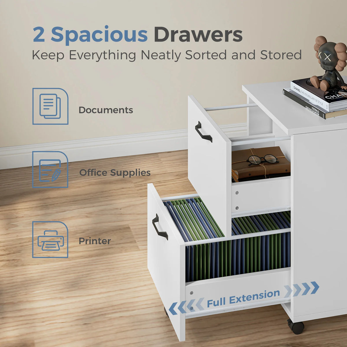 JHK Wooden Rolling File Cabinet With Lockable Wheels for Office Storage