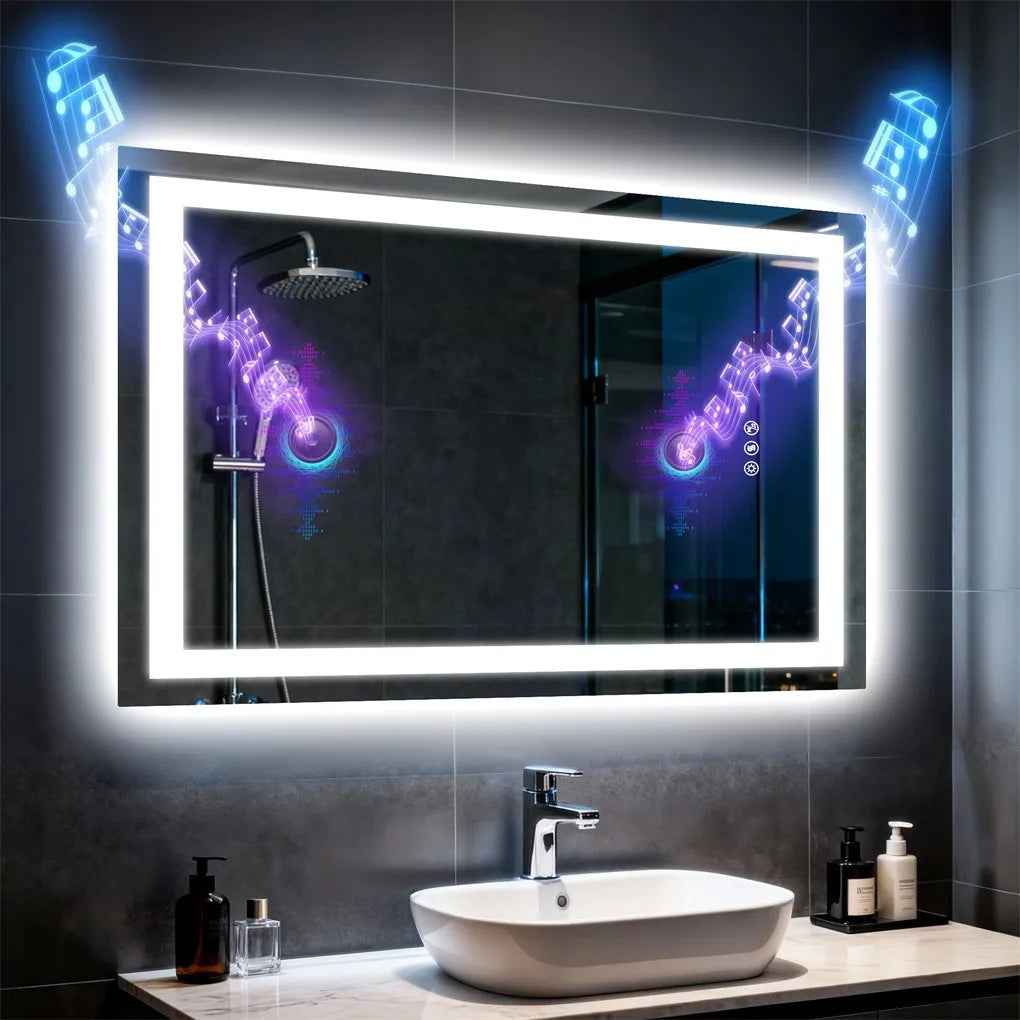 BORWART LED Bathroom Vanity Mirror With Speakers And Fogless Lighting