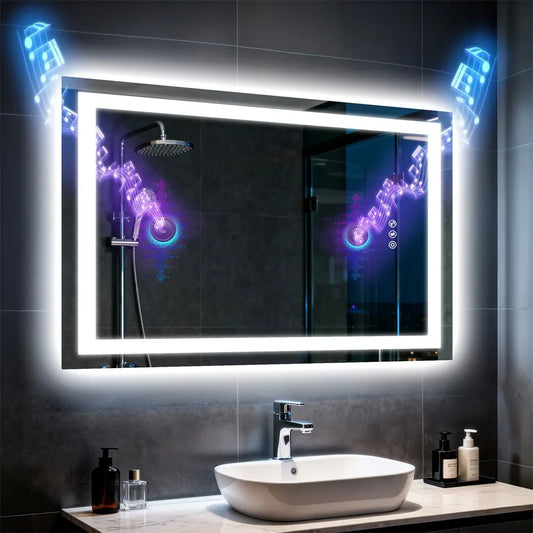 BORWART LED Bathroom Vanity Mirror With Speakers And Fogless Lighting