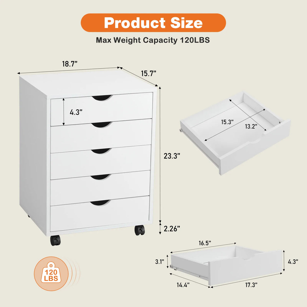 JHK Five Drawer Wood Nightstand Cabinet With Rolling Storage