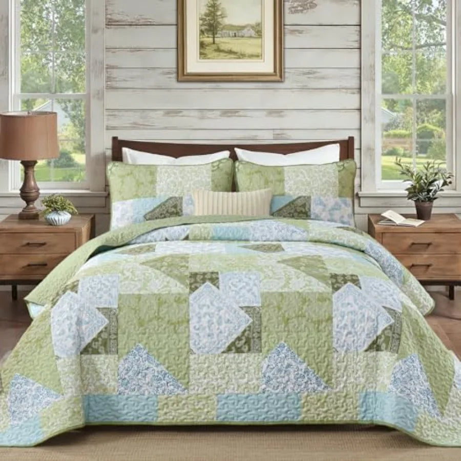 Boho Quilt Set Patchwork Reversible Microfiber Bedding