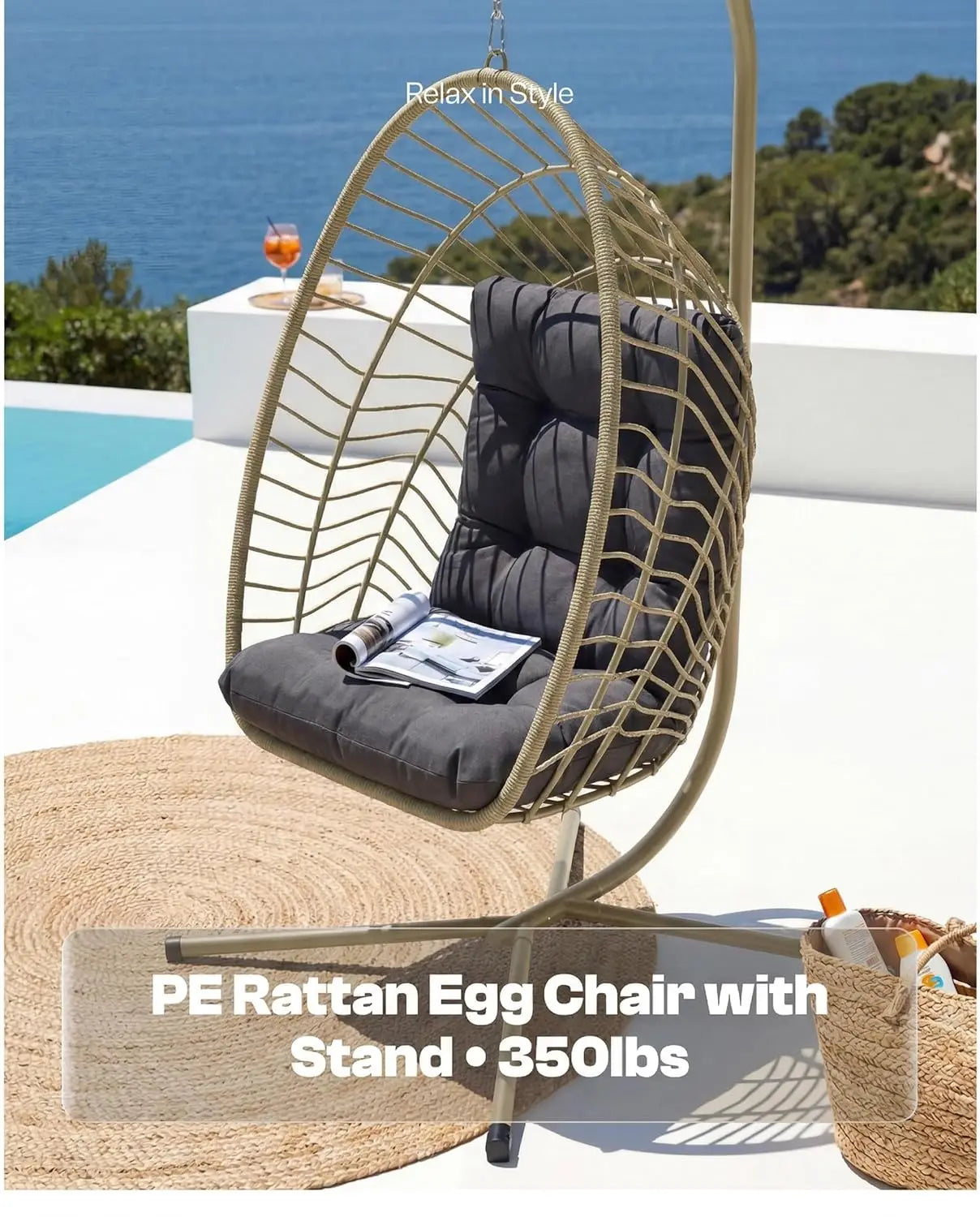 PE Rattan Egg Chair With Stand Heavy Duty Metal Frame