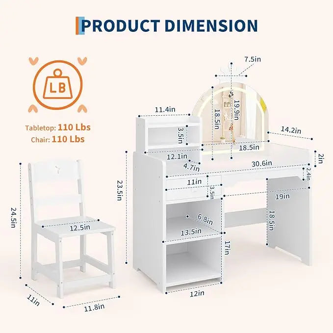 HiMISS Kids Vanity With Lights 2 In 1 MakeupSet Desk