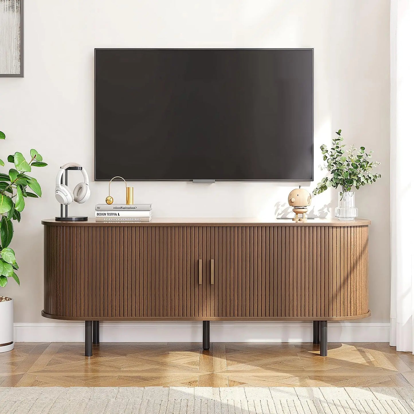 ONBRILL TV Stand With Power Outlet Sliding Doors Storage