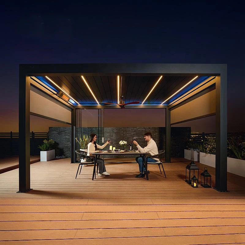 Motorized Aluminum Pergola With Sliding Glass Doors And LED Lights
