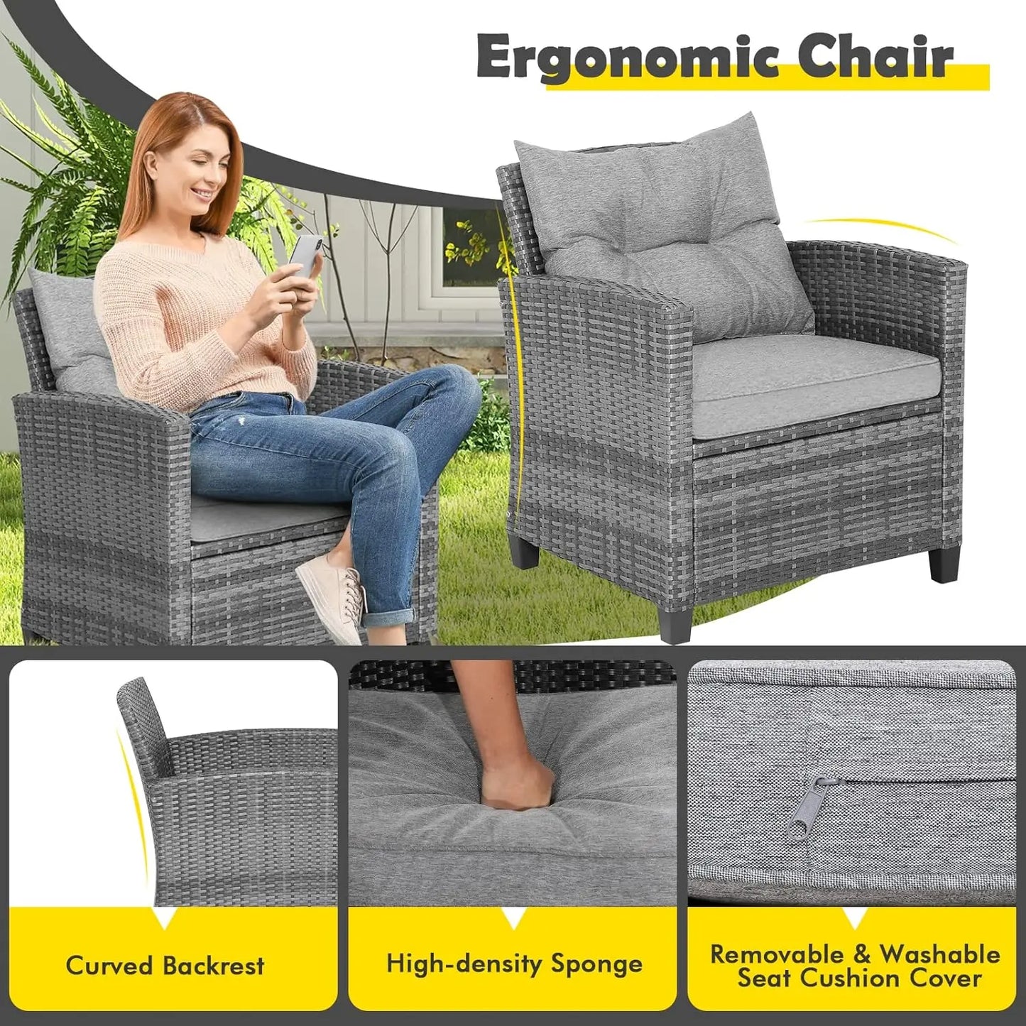 Outdoor PE Rattan Conversation Set With Tempered Glass Side Table