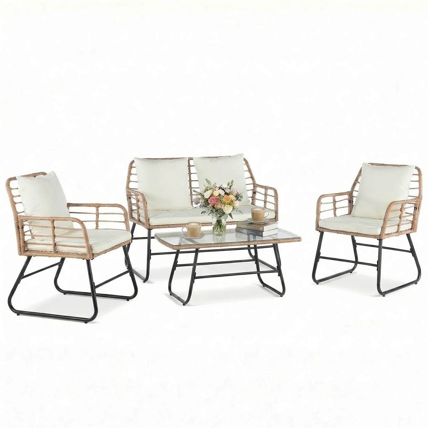 Outdoor Wicker Patio Furniture Set Four Pieces With Glass Table