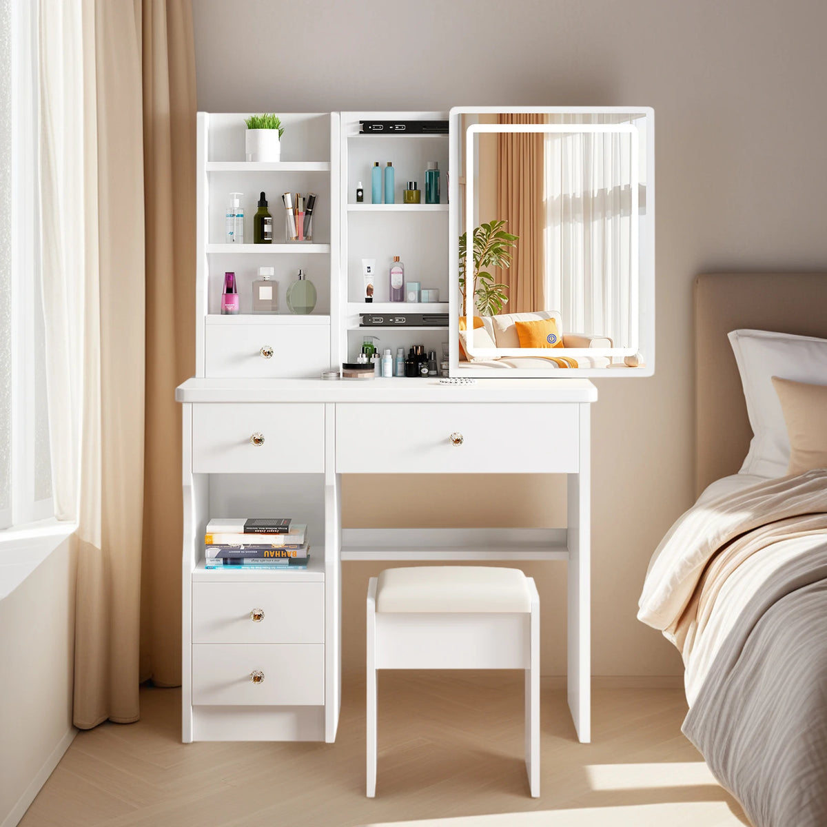 Makeup Vanity Desk With Sliding Mirror, Lights, Drawers And Stool