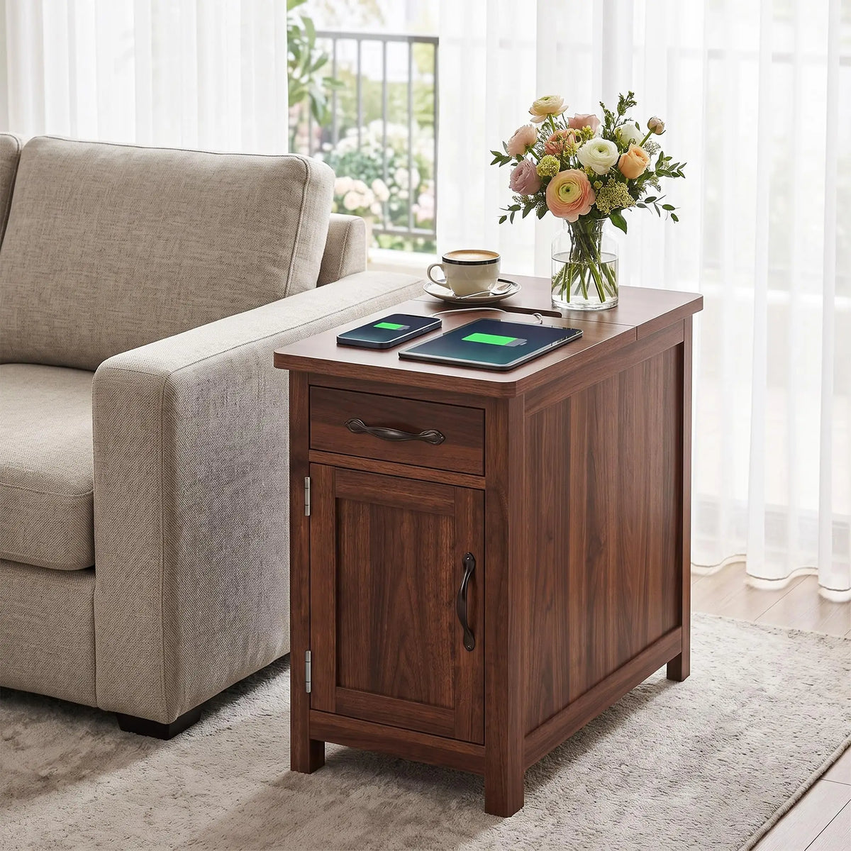 HiMISS Farmhouse End Table With Charging Station And Storage