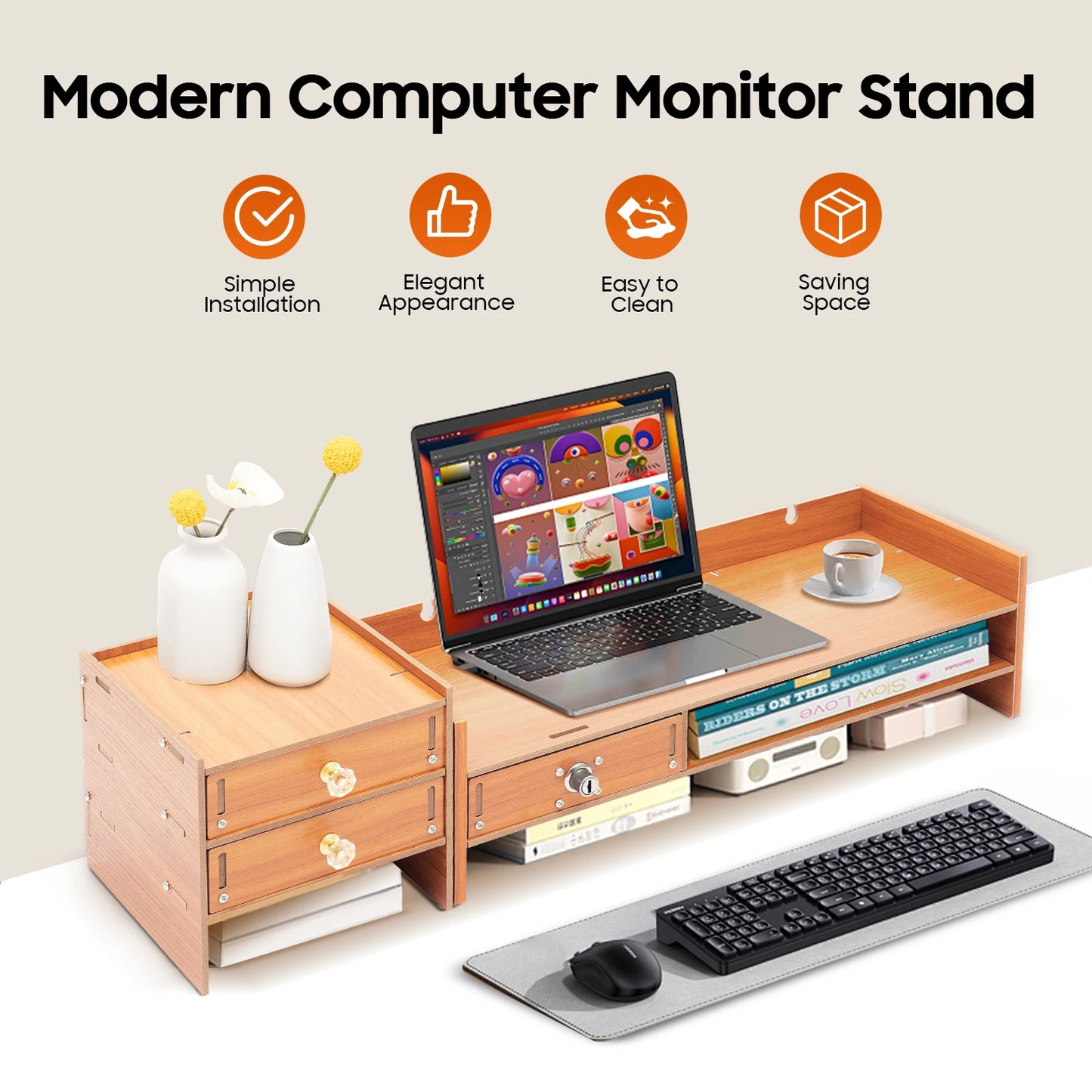 Bymaocar Wooden Monitor Stand With Lockable Drawer Storage Desk Organizer