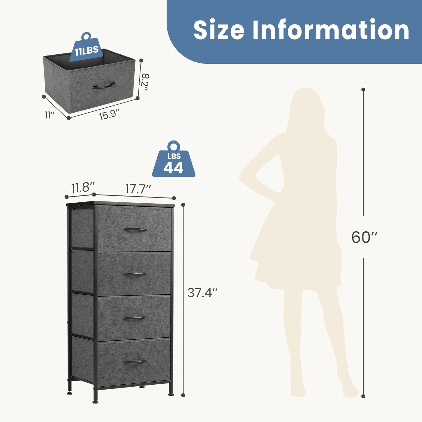 JHK Dresser With Fabric Drawers And Wardrobe Steel Frame