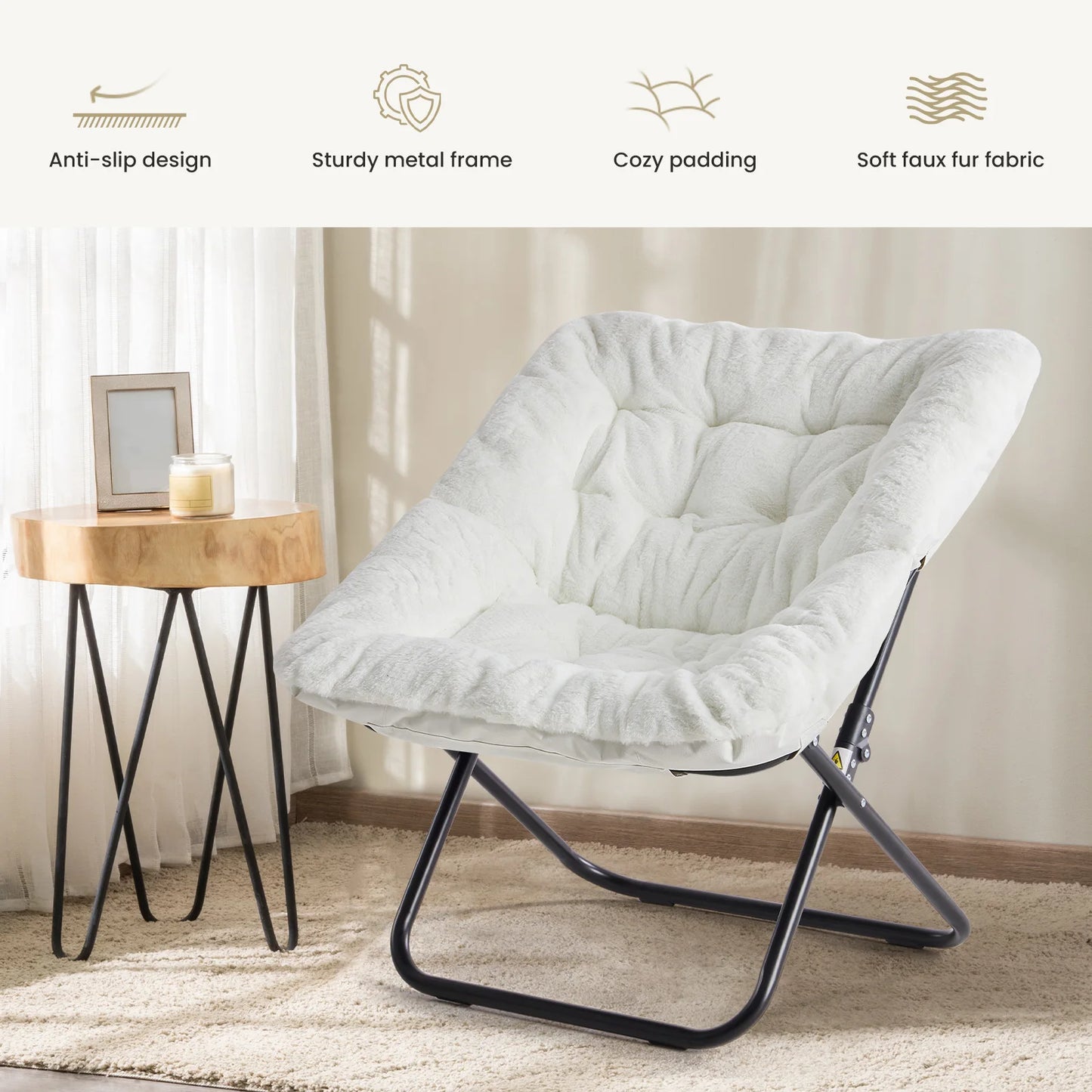 JHK Cozy Saucer Chair With Faux Fur And Folding Frame