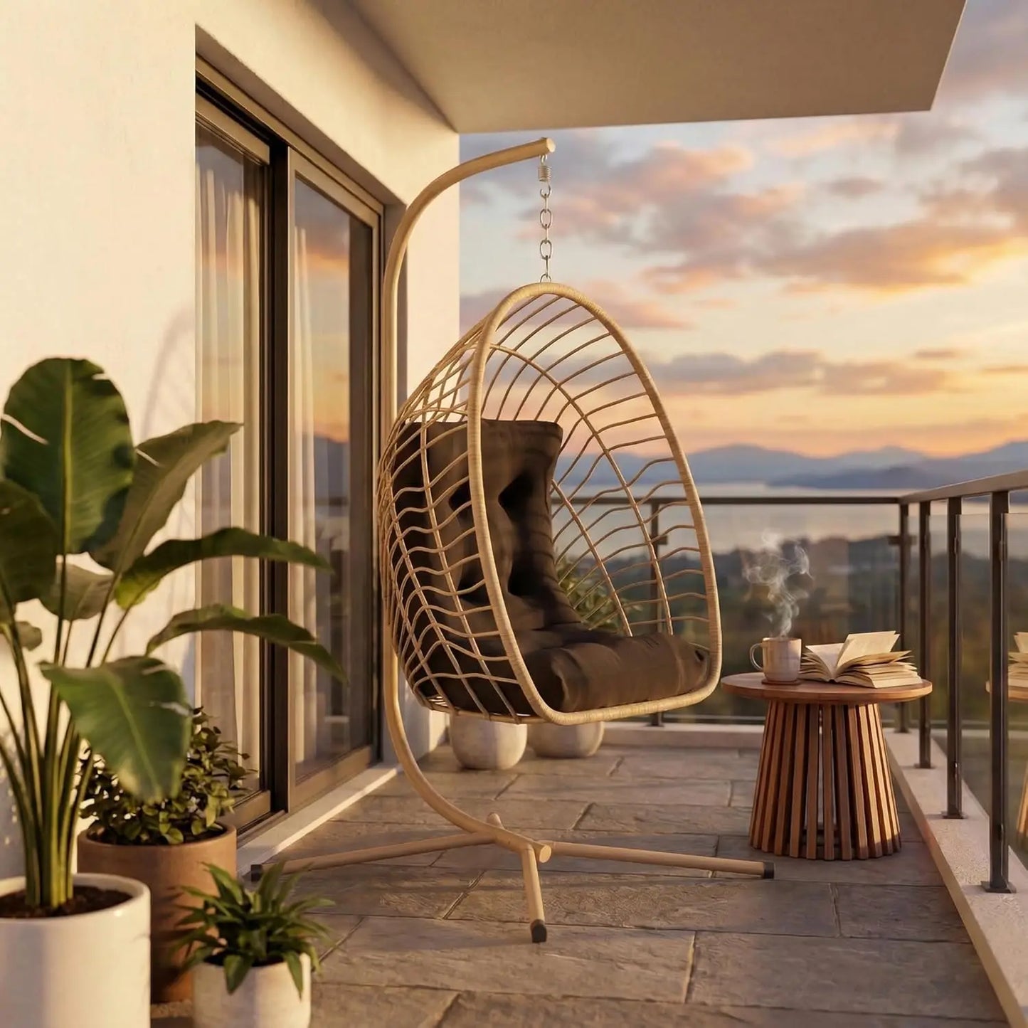 PE Rattan Egg Chair With Stand Heavy Duty Metal Frame