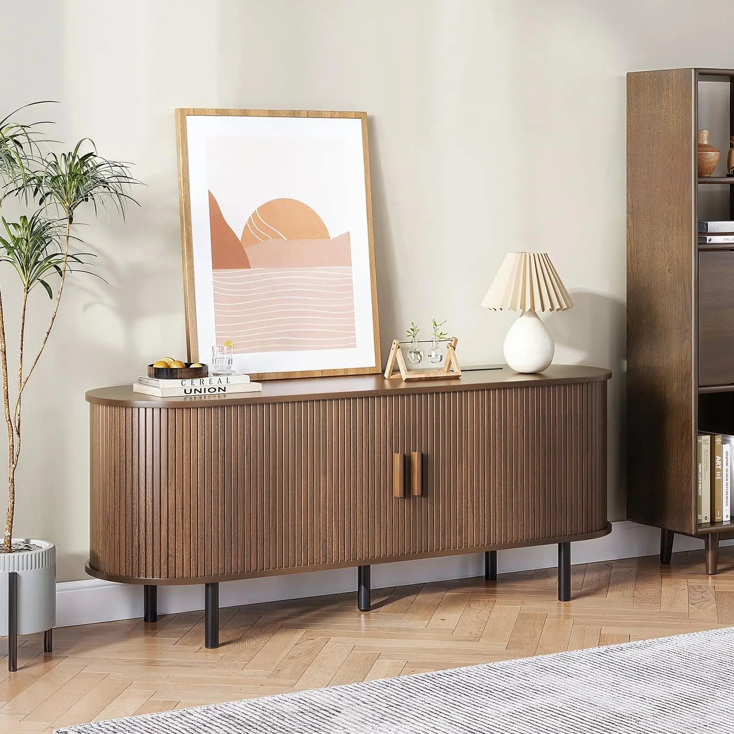ONBRILL TV Stand With Power Outlet Sliding Doors Storage