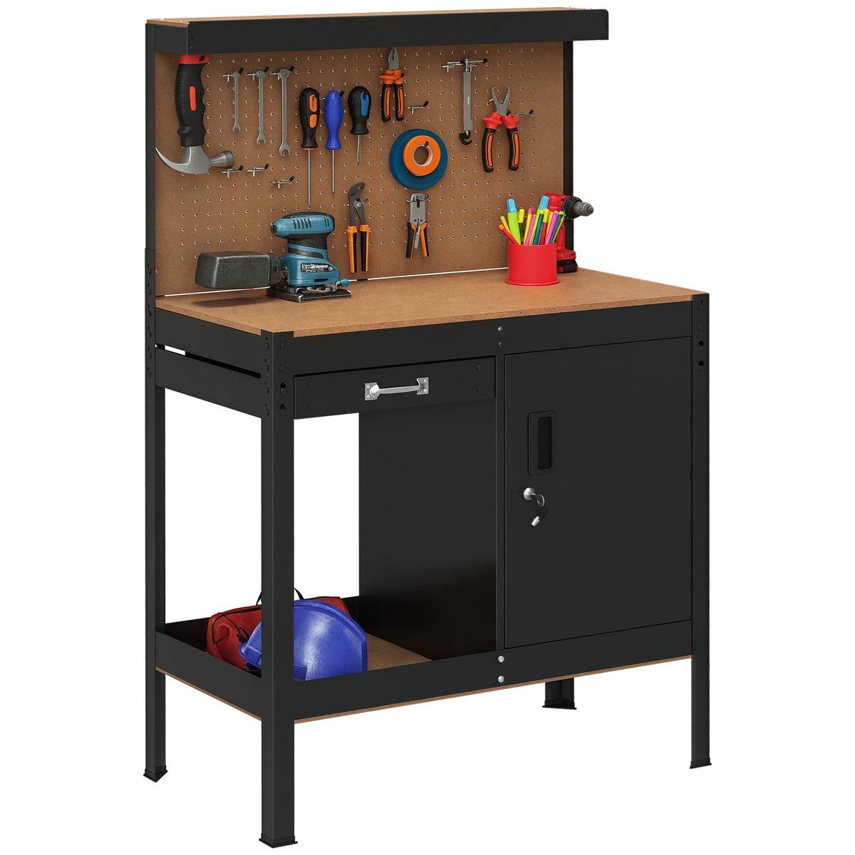 HOMCOM Multipurpose Workbench With Drawer, Pegboard And Lockable Storage