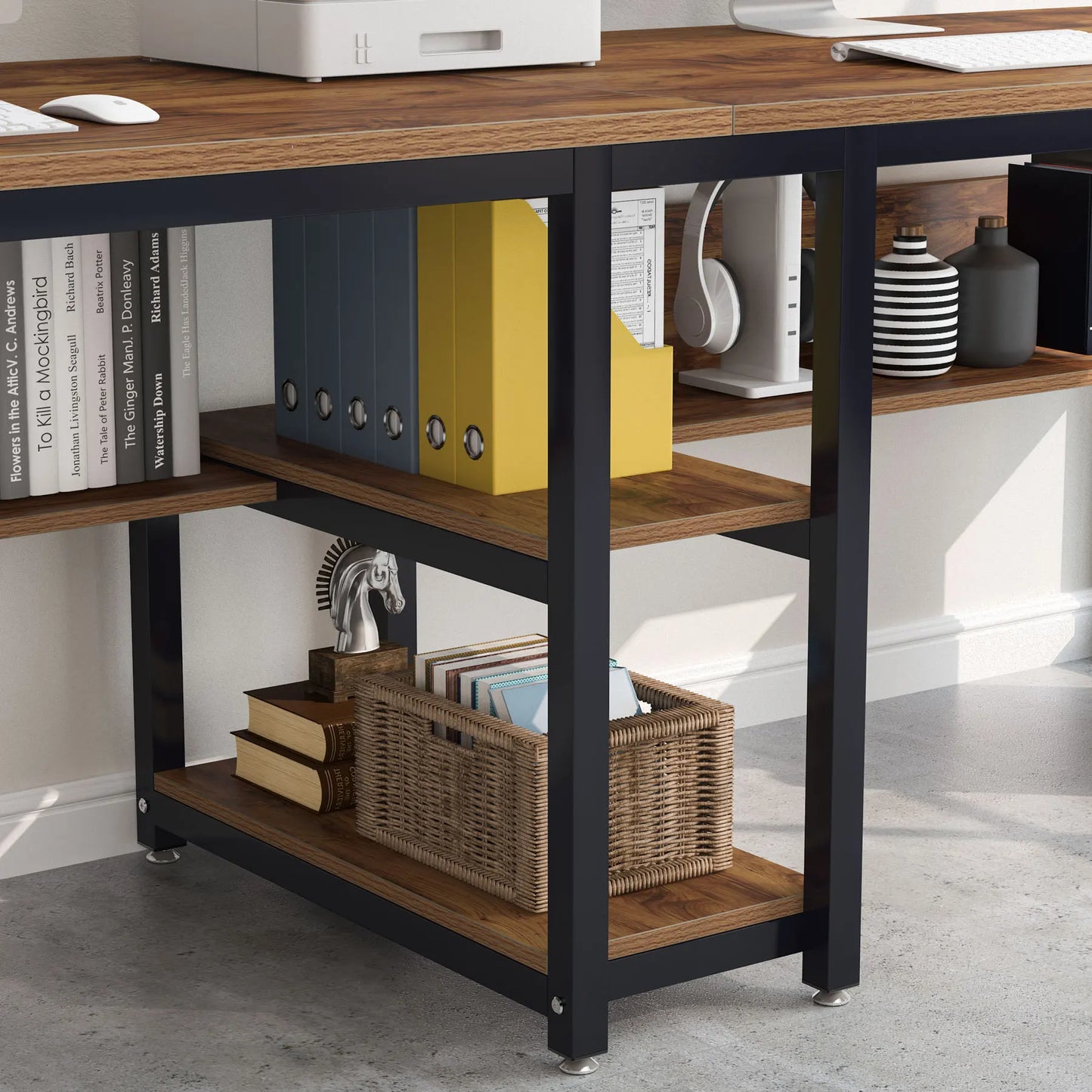Tribesigns Two Person Desk With Bookshelf Rustic Computer Desk Workstation