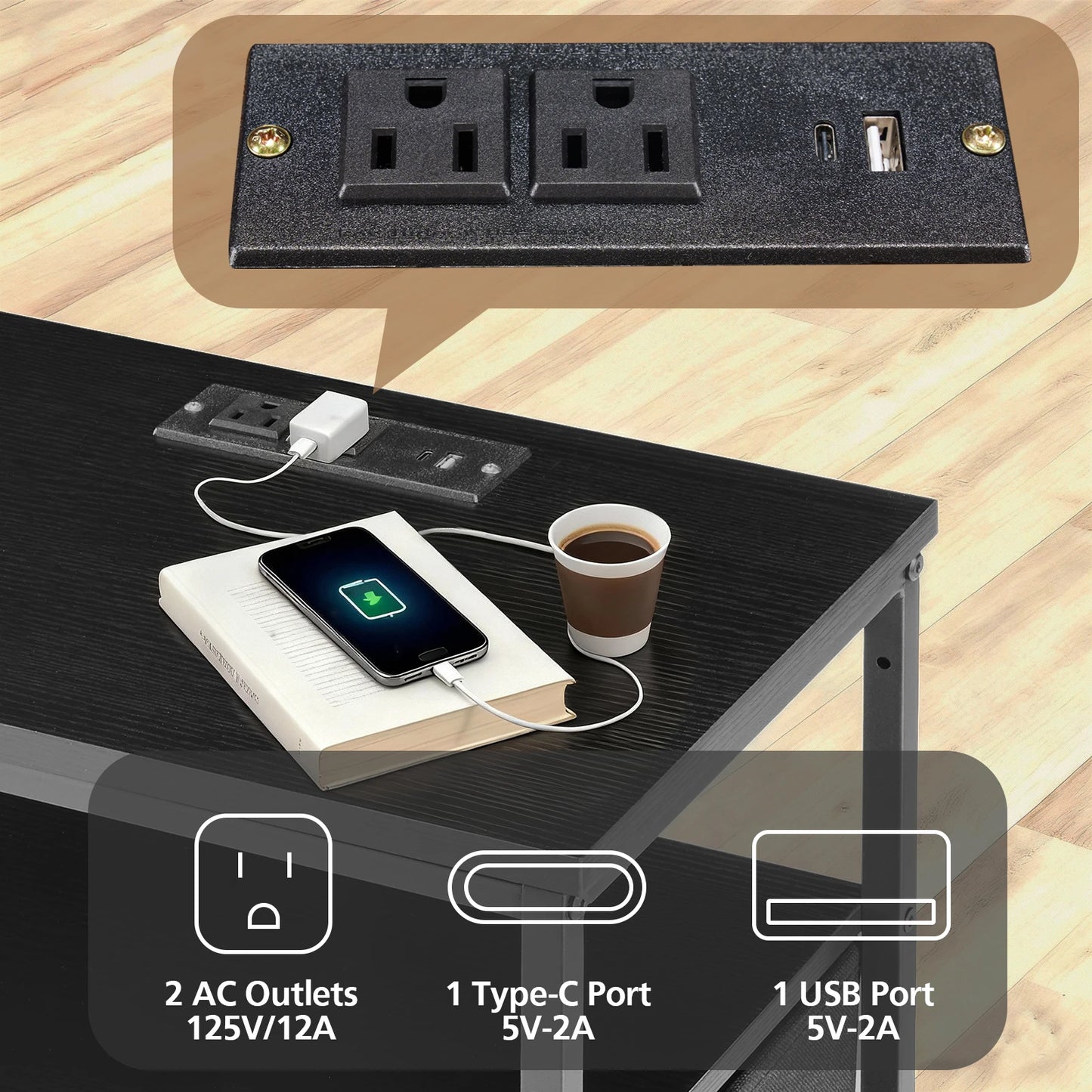 JHK Three-Drawer Fabric Cabinet Bedside Table With USB Type-C Ports
