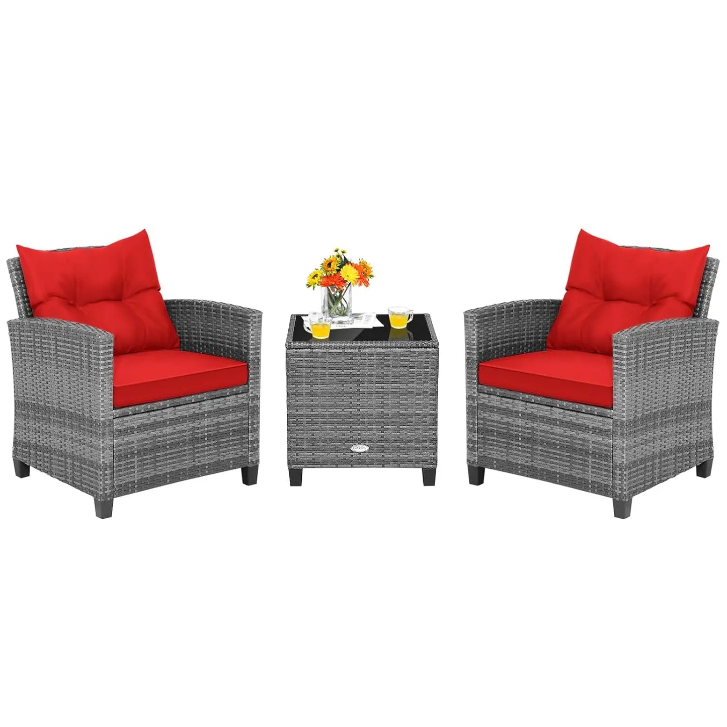 Outdoor PE Rattan Conversation Set With Tempered Glass Side Table