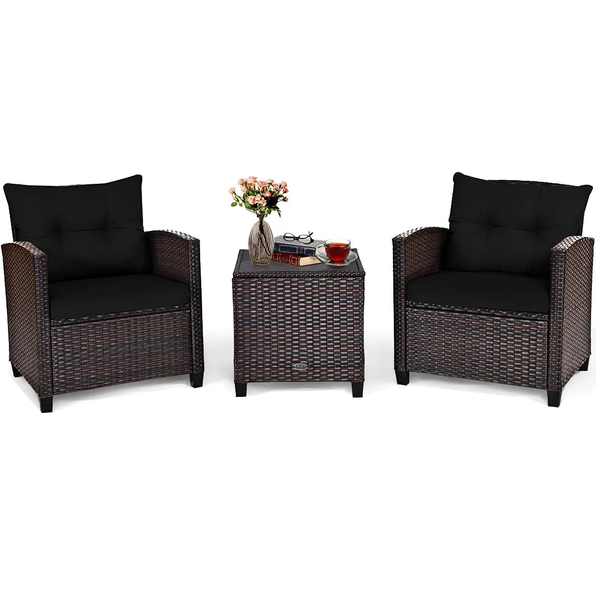 Outdoor PE Rattan Conversation Set With Tempered Glass Side Table